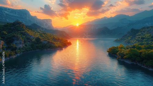 Sunset over the lake. Amazing panorama landscape, Panoramic view of sunrise over the lake in nation park
