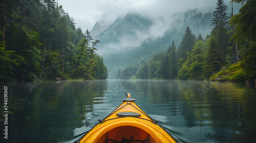 Kayaking boat on an idyllic mountain lake with beautiful view AI Image Generative. AI Image Generative