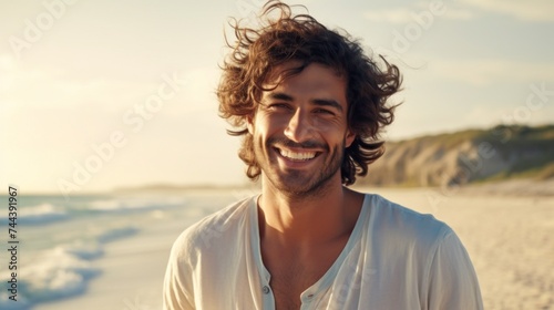 Portrait of a happy smiling athletic curly-haired young man wearing a white T-shirt, looking at the camera on the beach of the sea. Hobbies and Recreation, Summer, Travel, Lifestyle, Vacation concepts