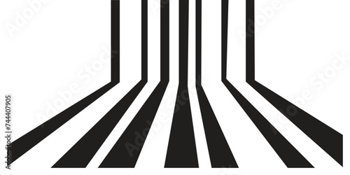 Black on white abstract perspective line stripes with dimensional effect isolated on white background.