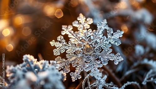 a close up of a snowflake with a blurry background