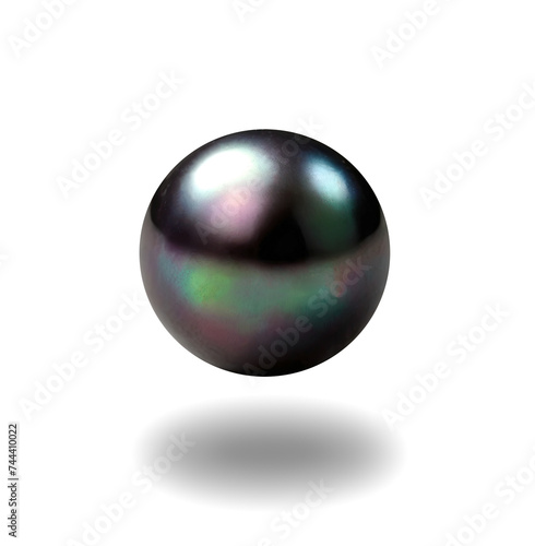 Single black oyster pearl isolated on white background with drop shadow - Tahitian pearl on white