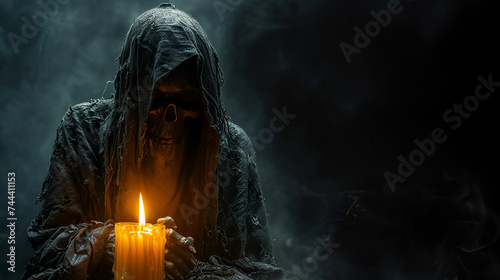 Scary Grim Reaper Standing Behind a Melting and Burning Candle, Horror Concept Art, Dark Fantasy Illustration, Halloween Spooky Scene, Fear and Death Symbolism, Generative AI
