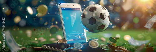 Virtual sports betting on soccer using smartphone, money currency and ball