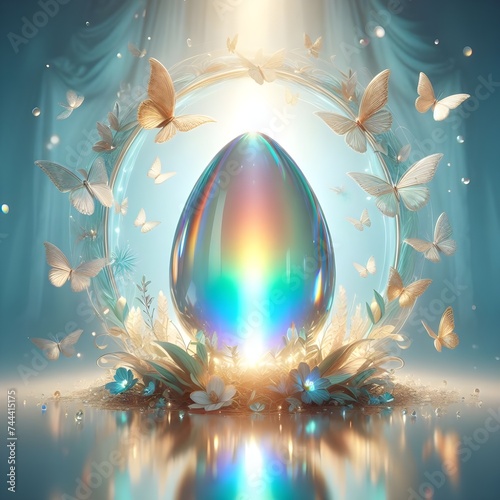 A crystal Easter egg that refracts light into a rainbow, surrounded by a halo of ethereal butterflies. Abstract easter eggs in celebration of easter