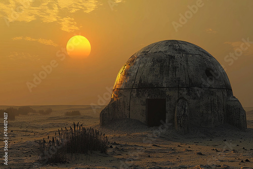 ancient stone dome, weathered by time, standing majestically in a deserted landscape, with the sun setting in the background, casting a warm golden light