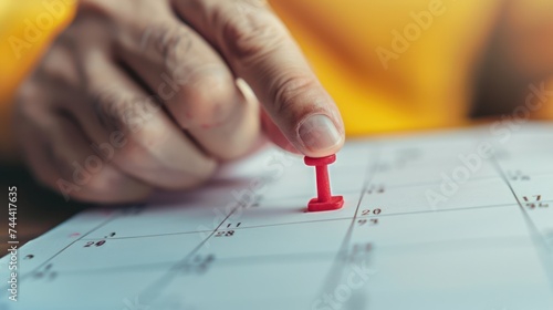 Man pointing on calendar or schedule to marking color paper note target date appointing