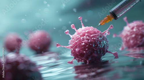Close-up of a needle penetrating a cancer cell, representing cancer disease research and viral infection studies in organisms.