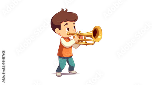 isolated vector illustration of a boy blowing a trumpet on a background of pure white