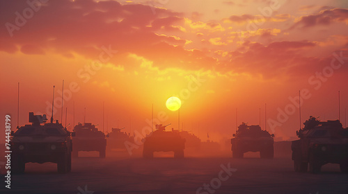 Military Convoy at Sunset: Armored Vehicles Lined up on a Dusty Field against a Dramatic Sky