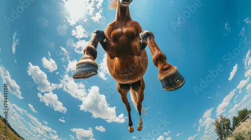 Horse jumping down against a blue sky. Animal in the air in motion