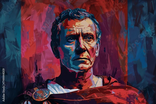 Colorful portrait of Julius Caesar in Roman dictator attire with pop art style enhancement