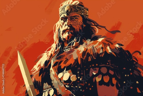 Attila the Hun, a Barbarian King illustrated in a Minimalist Stylized artwork with Sword and Armor