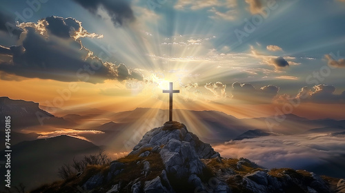 Jesus cross on mountain hill christian son of god resurrection easter concept sunrise new day christ holy