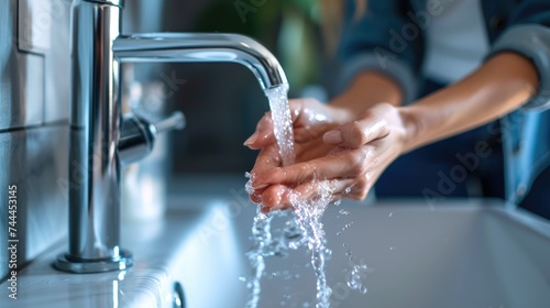 Woman diligently washing her hands with water from a faucet. Ai Generated.