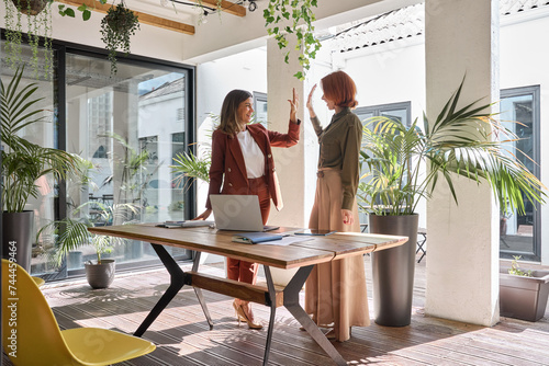 Two smiling female employees or entrepreneurs, happy professional business women celebrating work success and partnership support together giving high five standing in green office. Authentic photo.