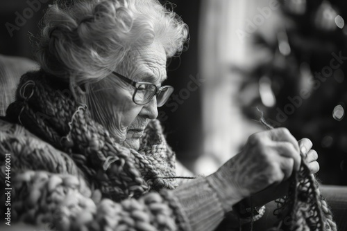an elderly woman knitting a piece of cloth