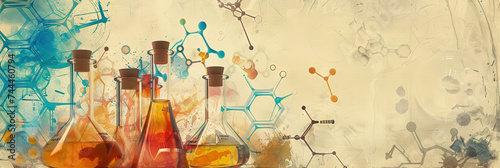 Science concept - biochemistry = biology + chemistry with molecules, beakers, DNA, and more with copy space 