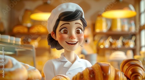 Personnage cartoon d'une femme chef boulanger souriante, dans sa boulangerie.