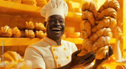 Personnage cartoon d'un boulanger noir souriant, dans sa boulangerie.