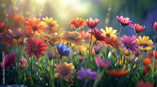 A whimsical garden filled with blooming daisies of all colors, their cheerful faces turned towards the sun.