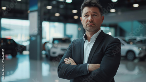 Car dealer standing in showroom with arms crossed,