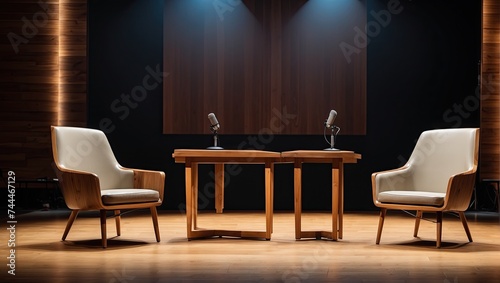 two chairs and a microphone on a stage
