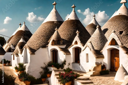 Conical roofs of trulli in Alberobello.. Each trullo is decorated with pinnacle and symbol . Symbols are divided into 4 categories primitive, christian and magical,The street of Trullo. A trullo is a 
