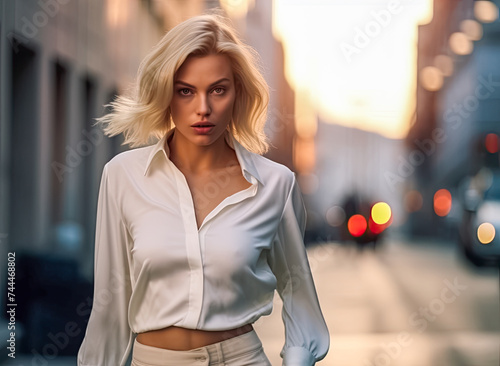 Blonde hübsche Frau in weisser Bluse geht durch die Stadt am Abend, Generative AI