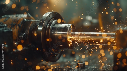 Refining the metalworking process: Perfecting the internal steel surface on a lathe grinder machine, with sparks flying.