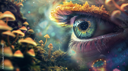 Surreal dreamy eye with vibrant mushroom fantasy, ideal for creative wallpaper or artistic inspiration.