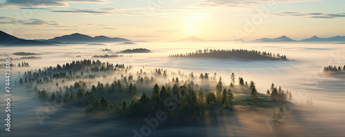 Forest in fog with trees rised from mist. Misty landscape