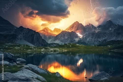 Gewitter, Wetterleuchten im Gebirge bei Nacht, Generative AI