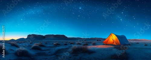 camping at night desert landscape with blue gradient starry sky