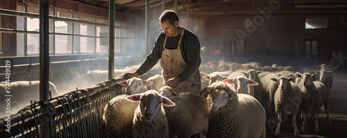 Shepherd standing by sheep in sheeps farm. Breeder ready for milking.