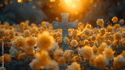Cross in a Field of Flowers at Sunset