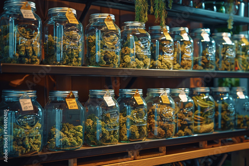 Jars of cannabis buds on wooden shelves in a modern dispensary