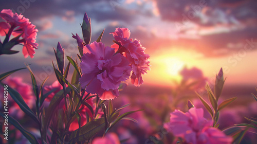 Dianthus blooms against a picturesque sunset backdrop. 