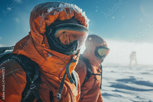 Mountain climbers in protective gear on a snowy trek, showcasing teamwork and determination.