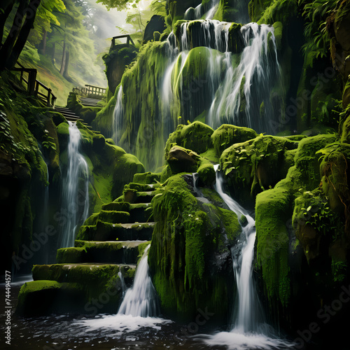 Waterfall cascading down a moss-covered rock.
