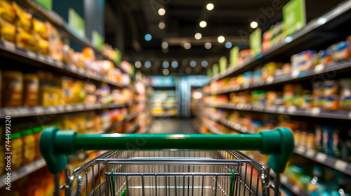 Gros plan sur un chariot au milieu d'un rayon au supermarché.