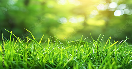 Vibrant green grass close-up background with dew, illuminated by soft sunlight, blurring into a bright natural background, showcasing the freshness of spring.
