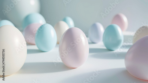 A serene arrangement of pastel-colored eggs on a white backdrop, symbolizing rebirth and new beginnings associated with the spring season.