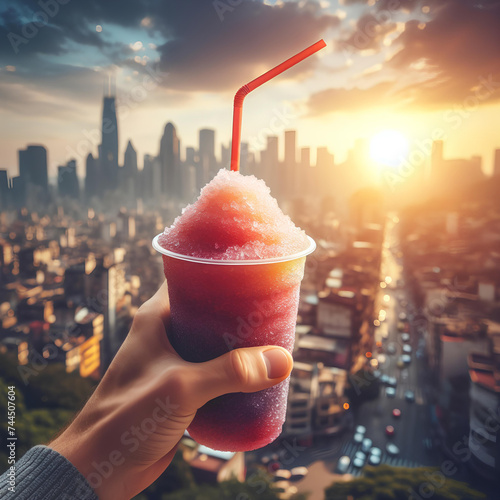 hand holding a cold slushy crushed ice drink on blurred city background