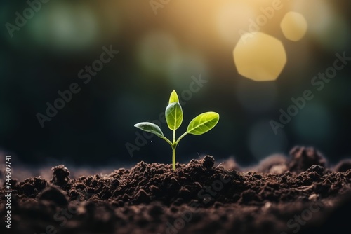 Healthy seedlings growing in enriched soil, bathed in morning sunlight, green ecology concept