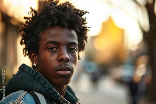 Cool sad lonely young African American guy standing at city street. Stylish serious pensive sensitive vulnerable ethnic rebel hipster gen z teen boy looking at camera outdoors, Generative AI