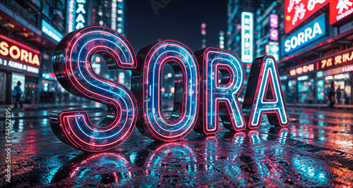 illuminated text "SORA" in blue and white neon lights against a city background, which highlights the bright and shining letters.