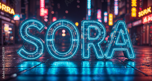 illuminated text "SORA" in blue and white neon lights against a city background, which highlights the bright and shining letters.