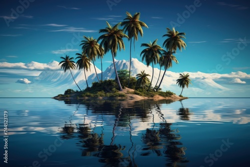 Illustration of a tropical island with coconut trees in the middle of the ocean