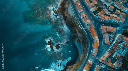 An aerial exploration of a coastal town with winding streets leading to the sea.